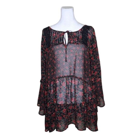 Torrid Lace Trimmed Bell Sleeve Roses Sheer Peasant Blouse Womens Size 3 Black - Picture 1 of 8